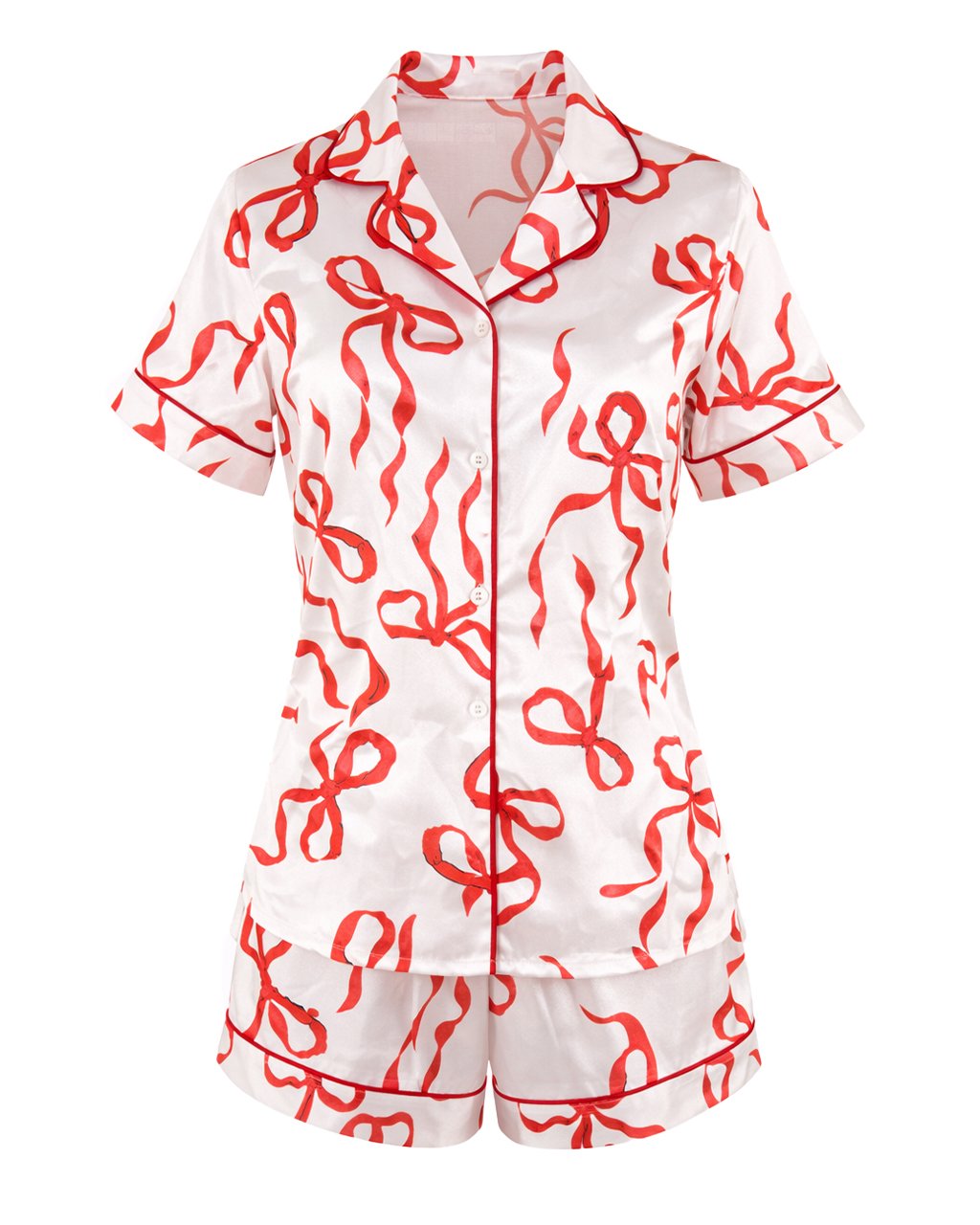 Комплект Къса Сатенена Пижама – Бяла с Червени Панделки – „Pretty“
