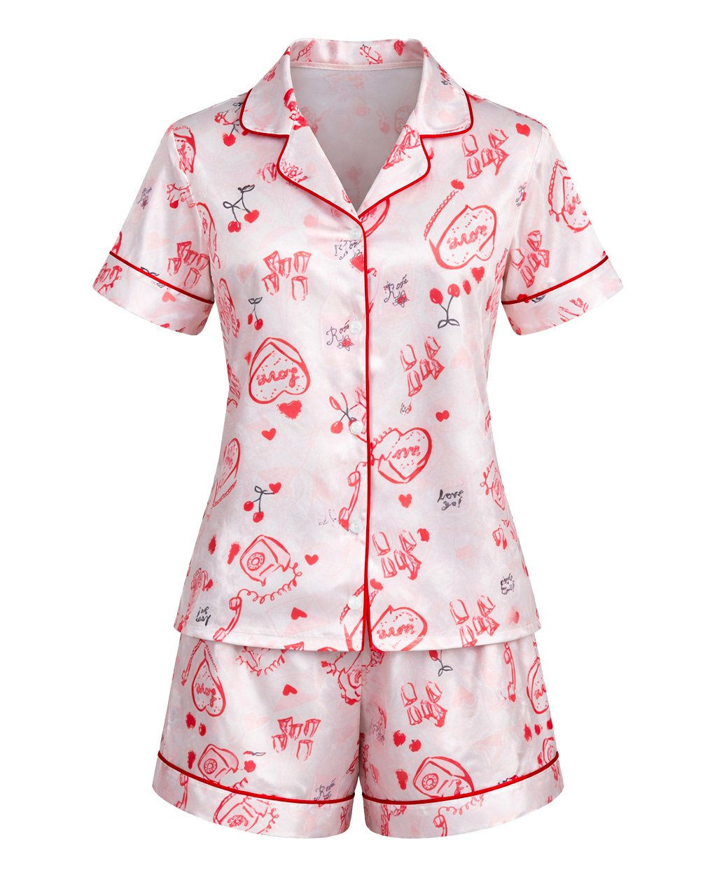 Комплект Къса Сатенена Пижама – Розова с Червено – „Valentine“
