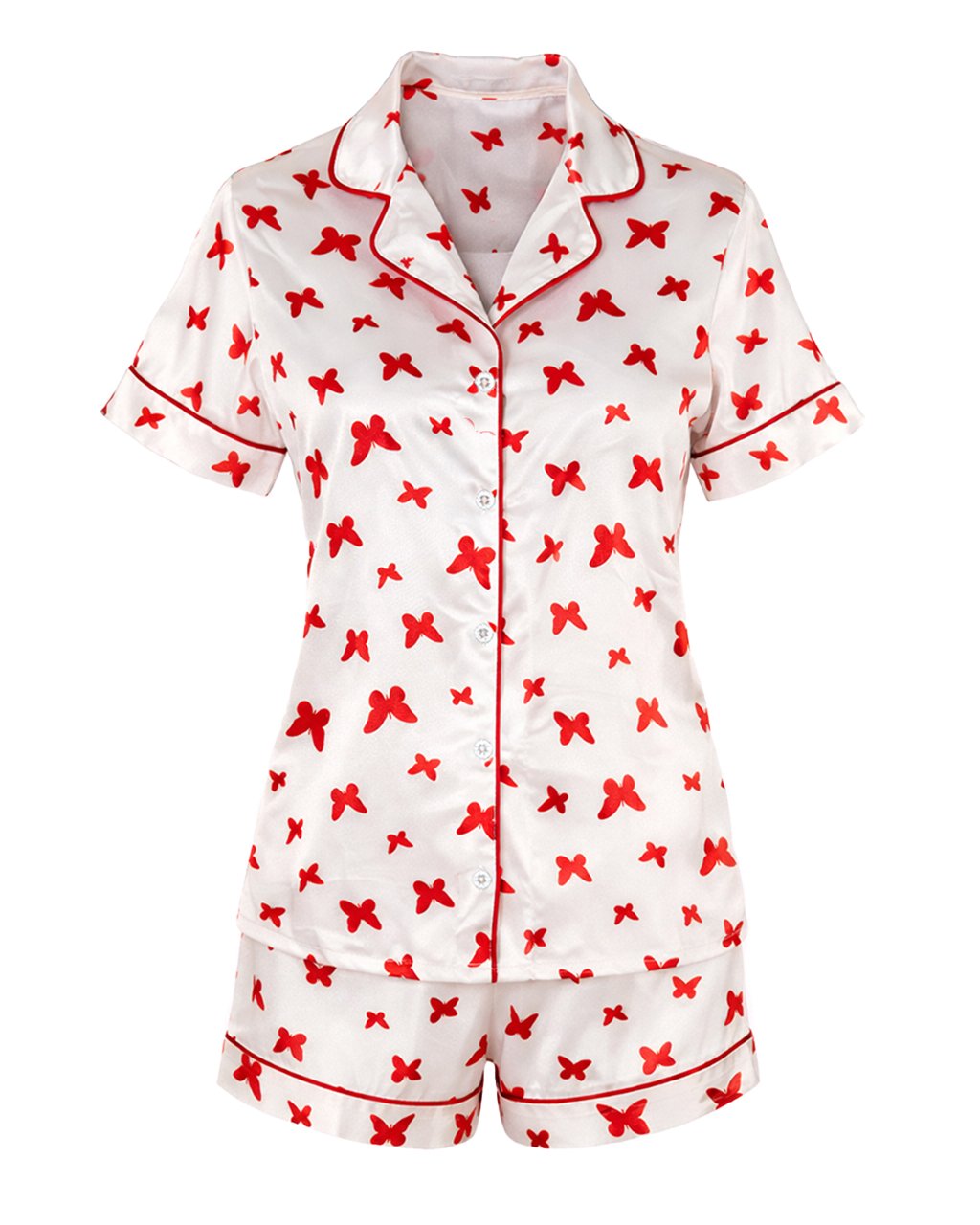 Комплект Къса Сатенена Пижама – Бяла с Червени Пеперудки – „Wings“