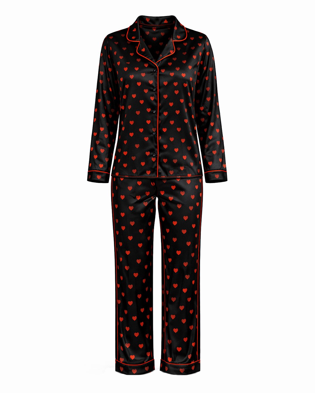 Комплект Дълга Сатенена Пижама - Черна с Червени Сърчица - "In Love"