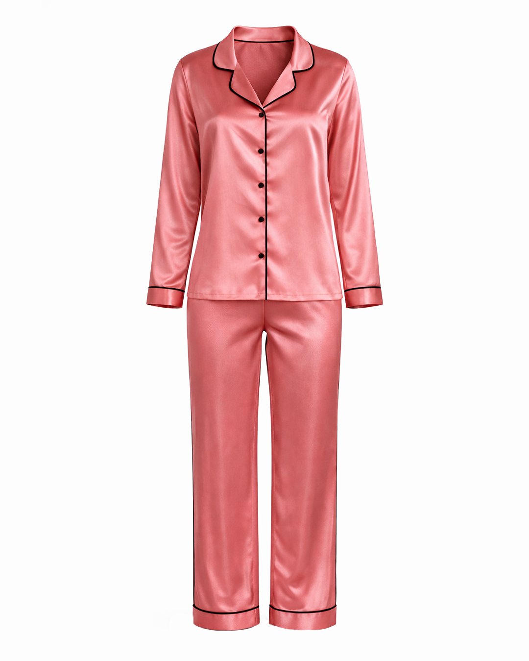 38 Комплект Дълга Сатенена Пижама - Розова - „Kiss“