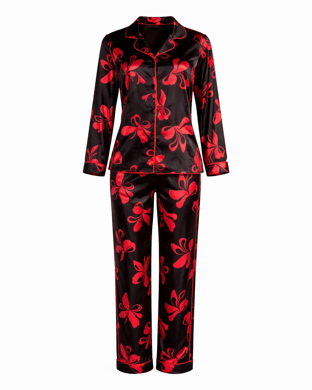 Комплект Дълга Сатенена Пижама - Черна с Червени Панделки - „Bowie“