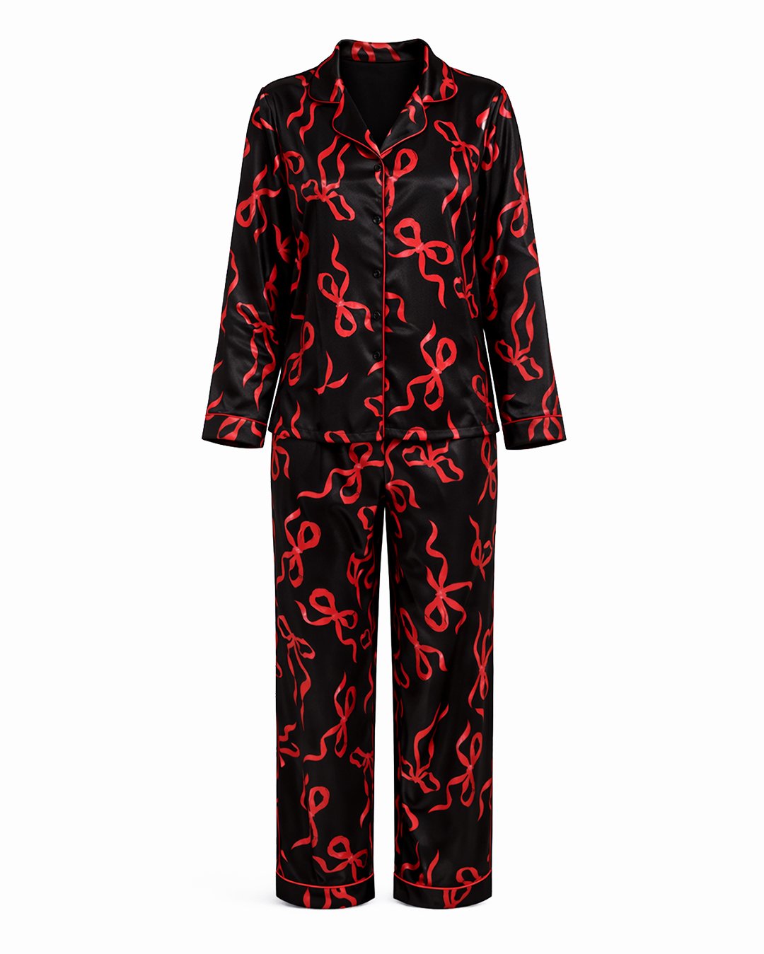 Комплект Дълга Сатенена Пижама – Черна с Червени Панделки – „Pretty“