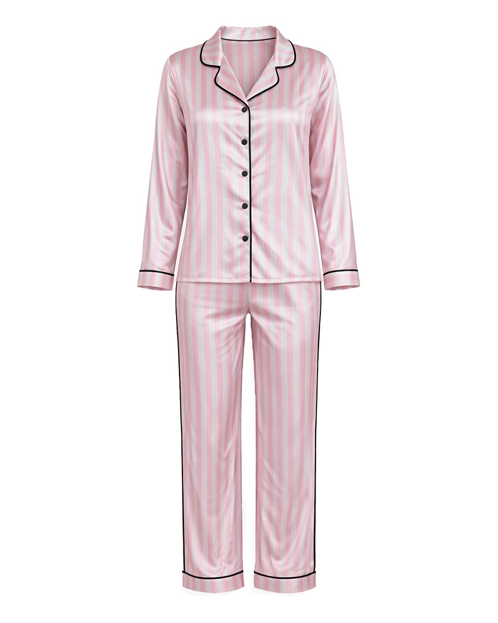 Комплект Дълга Сатенена Пижама – Бяло-Розово Райе – „Candy“