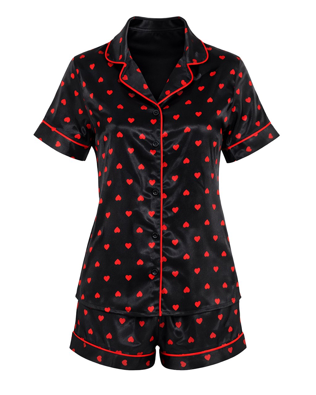 Комплект Къса Сатенена Пижама – Черна с Червени Сърчица – „In Love“