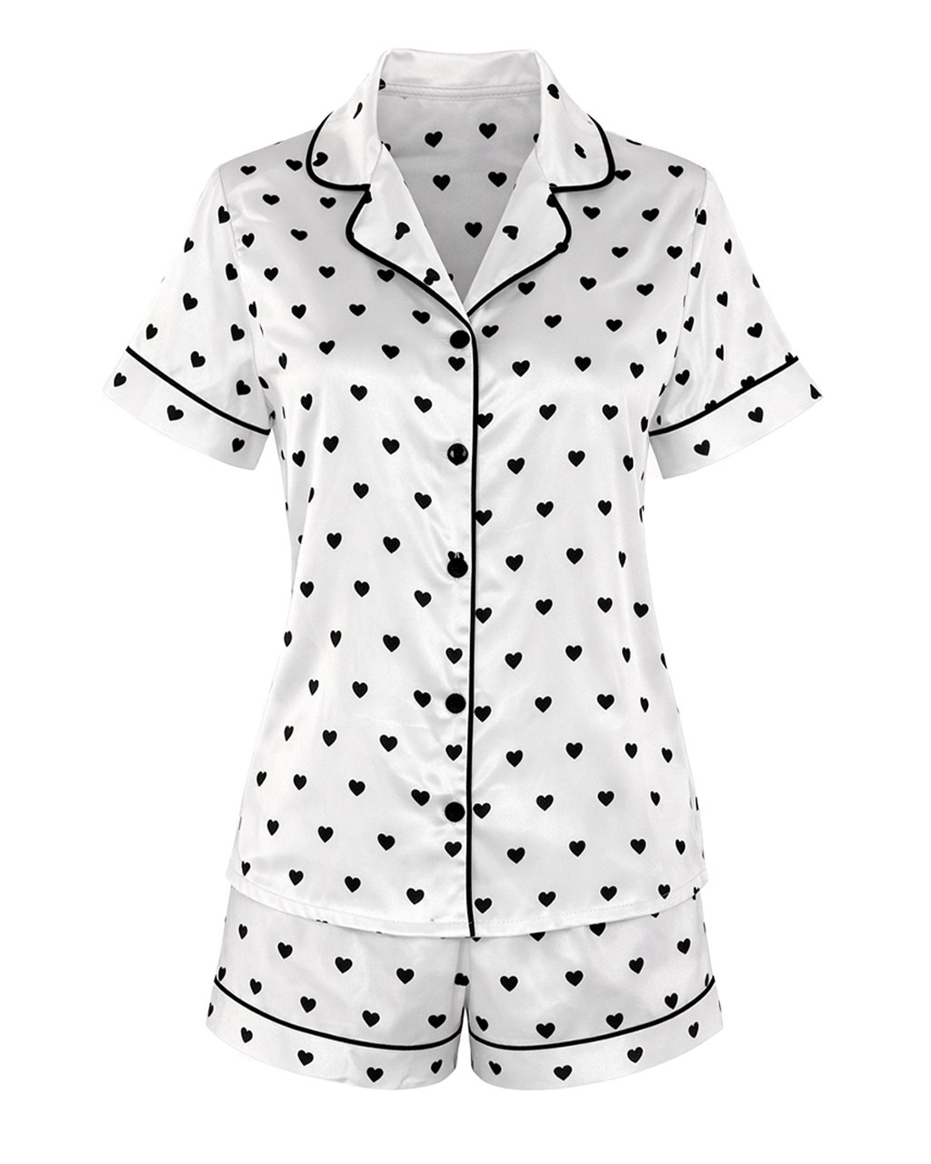 Комплект Къса Сатенена Пижама – Бяла с Черни Сърчица – „In Love“