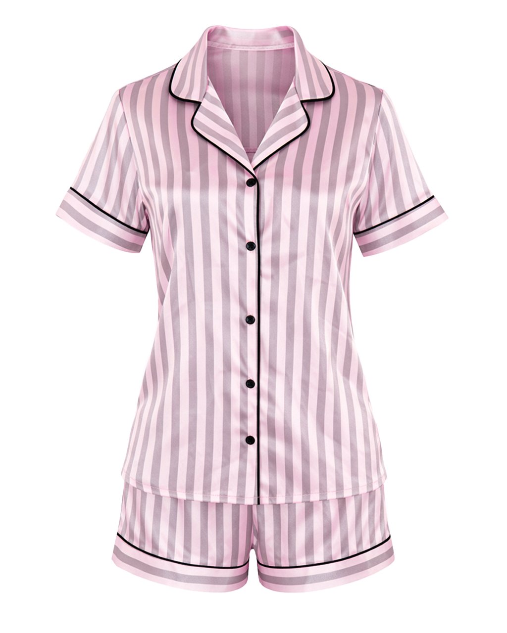 Комплект Къса Сатенена Пижама – Сиво-Розово Райе – „Sweet Candy“