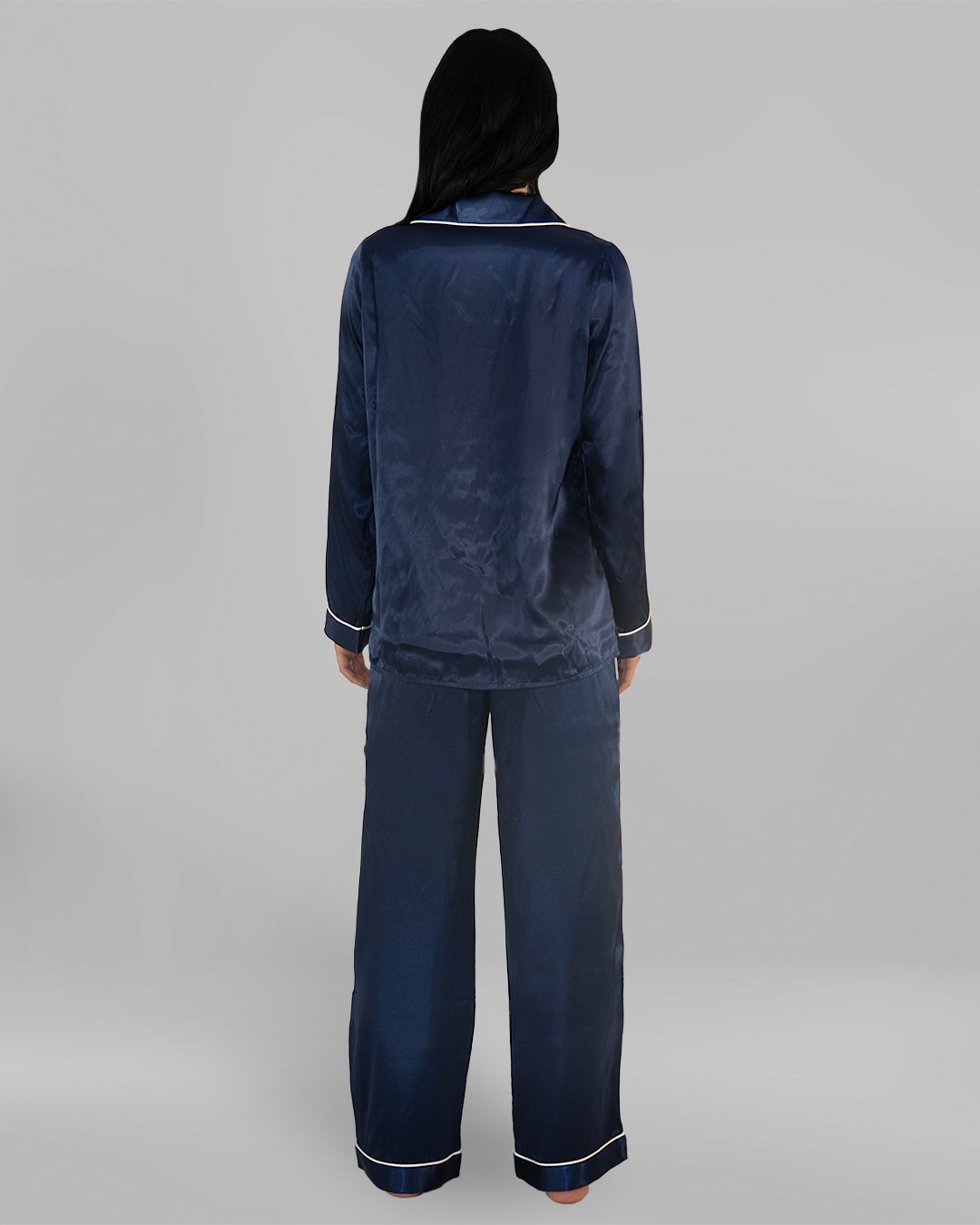 DLV00231_1 Комплект Дълга Сатенена Пижама – Тъмносиньо – „Midnight“