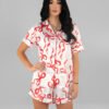 DLV00442_1 Комплект Къса Сатенена Пижама – Бяла с Червени Панделки – „Pretty“