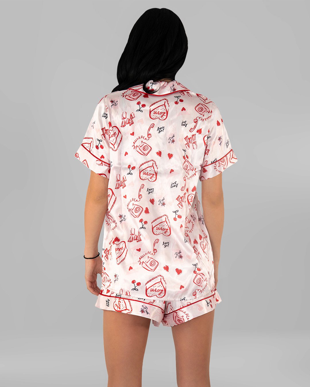 Комплект Къса Сатенена Пижама – Розова с Червено – „Valentine“