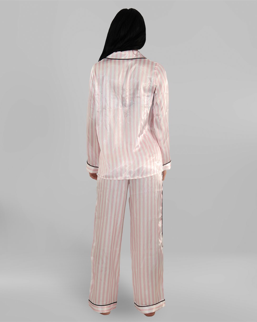 Комплект Дълга Сатенена Пижама – Бяло-Розово Райе – „Candy“