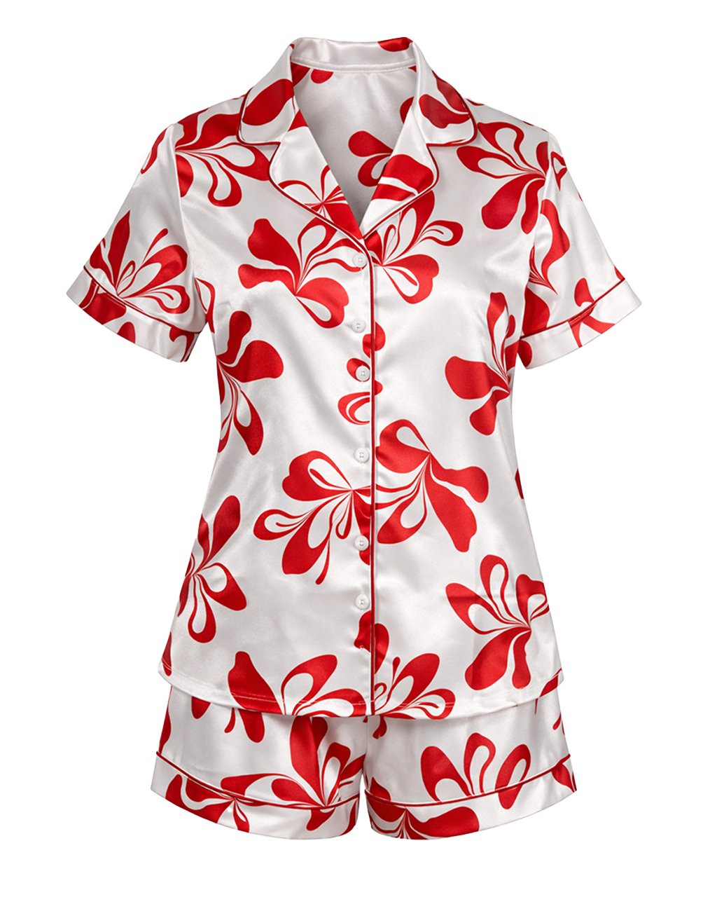 Комплект Къса Сатенена Пижама – Бяла с Червени Панделки – „Bowie“