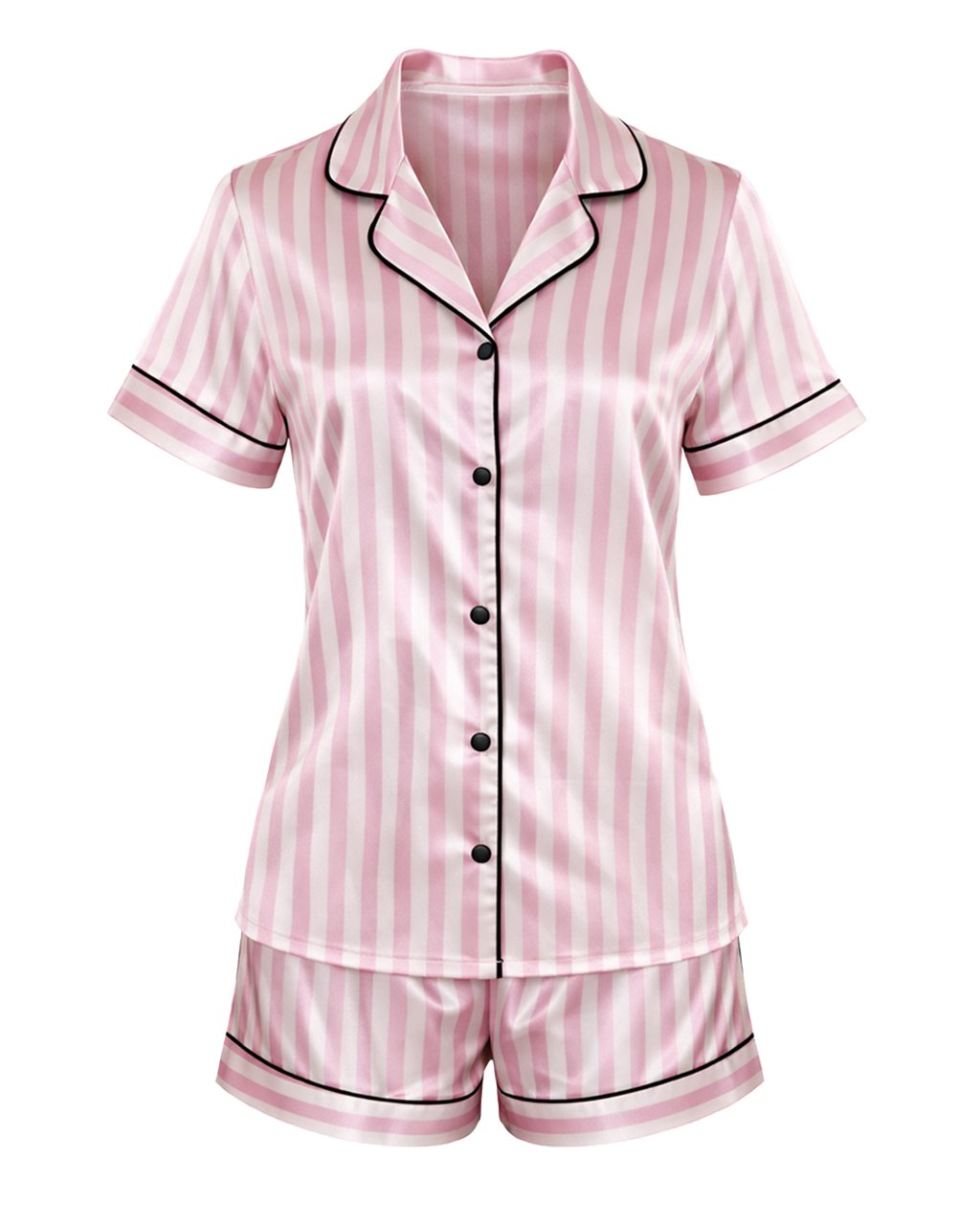 8 Комплект Къса Сатенена Пижама – Бяло-Розово Райе – „Candy“