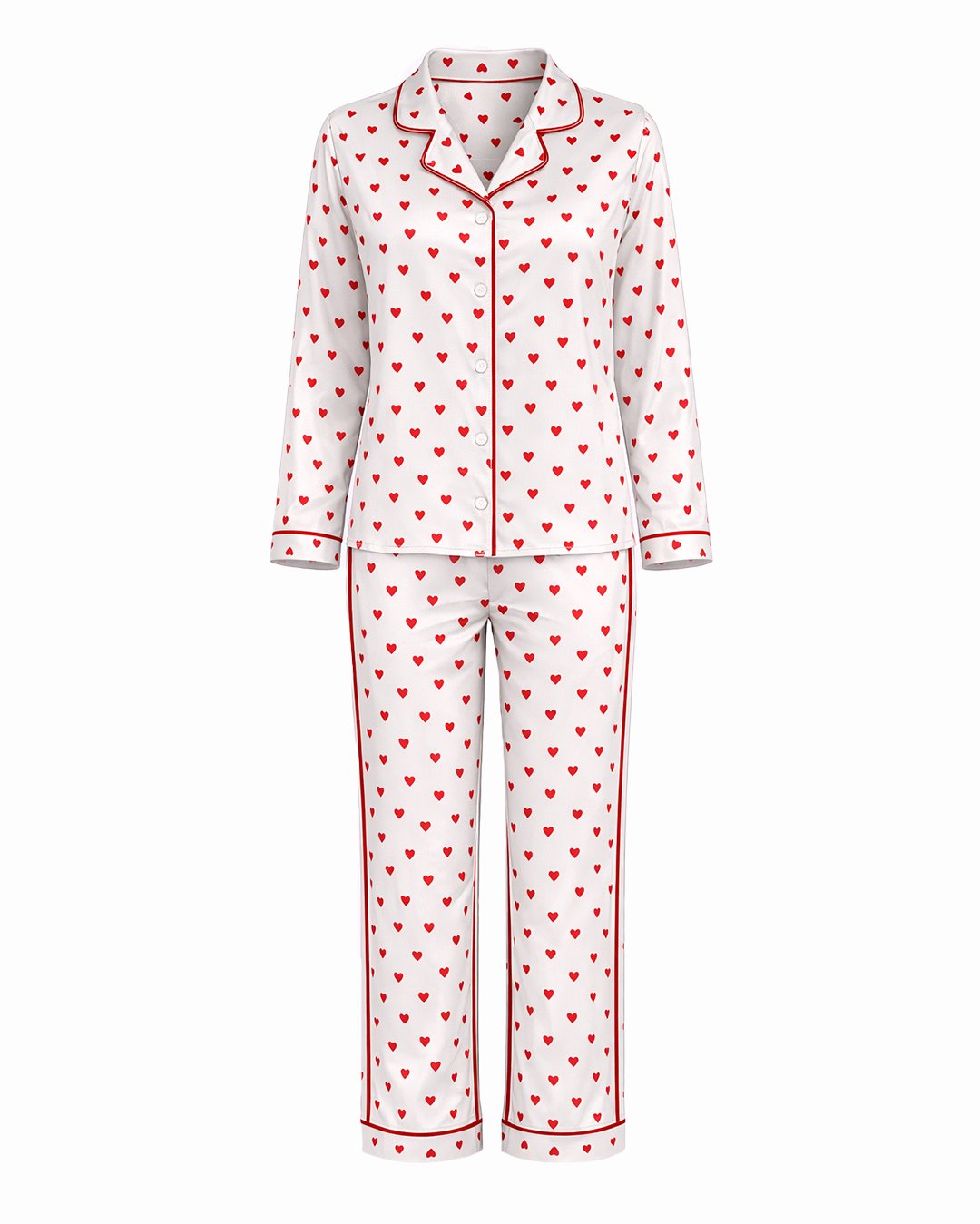 43 Комплект Дълга Сатенена Пижама – Бяла с Червени Сърчица – „In Love“