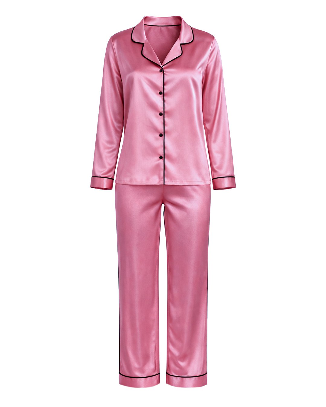 44 Комплект Дълга Сатенена Пижама - Розова - „Luna“